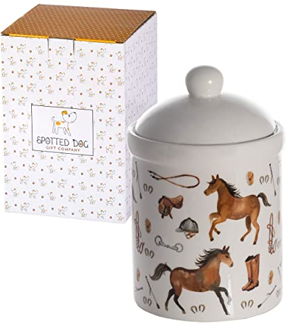 SPOTTED DOG GIFT COMPANY Vorratsdose Keramik mit Deckel Luftdicht - Vorratsbehälter Keksdose Aufbewahrungdose für Kaffee Tee Leckerli Zucker mit Pferdmotiv Pferde Deko, Geschenk für Pferdeliebhaber