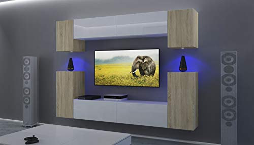 Furnitech Wohnwand Wohnzimmer | Wohnzimmer Möbel mit LED RGB - 16 Farben | Hängend Wohnwand Modern | Wohnzimmer Schrankwand mit Regale und TV Schrank (AN43-17SW-HGM44 1B)