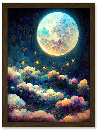 Doppelganger33 LTD Dreamy Night Sky Moon Stars Colourful Clouds Kids Cute Artwork Framed Wall Art Print A4