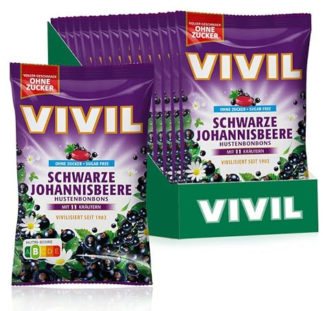 VIVIL Schwarze Johannisbeere mit 11 Kräuter, 15 Beutel, Hustenbonbons mit Johannisbeergeschmack, zuckerfrei & vegan, 15 x 120g