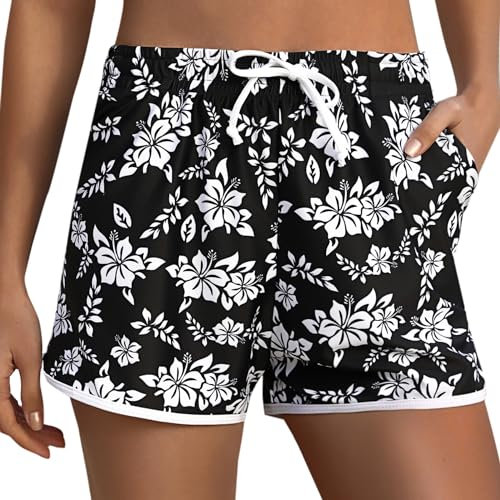Marvmys Damen Badeshorts Kurze Sommer Strandshorts mit Gürtel und Taschen Fein Bedruckte Boardshorts Wassersport Shorts Schnelltrocknende Badeshorts Jogginghose Hot Pants S-XXL Weiß L