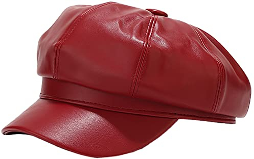 XYIYI Rot Damen Fiddler Cap Newsboy Hut PU Leder Visor Baskenmütze Cap Paperboy Gatsby Hut