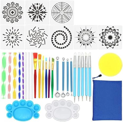 Aeromdale Mandala-Punktierwerkzeuge, 35-teiliges Punktierwerkzeug, Schablonen, Mandala-Malwerkzeug, Pinsel, Farbwanne zum Malen von Steinen, Malen, Zeichnen und Zeichnen von Kunstbedarf