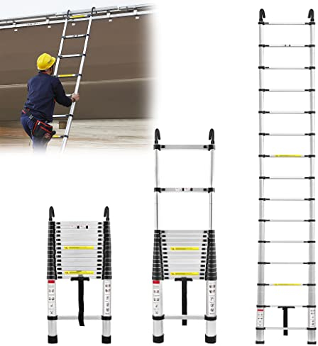 XMTECH Teleskopleiter Multifunktionsleiter Ausziehleiter Anlegeleiter Mehrzweckleiter Ausziehbare Leiter Stehleiter - 4,4M Teleskopleiter, 15 Sprossen, Silber - mit 2 Abnehmbarem Haken
