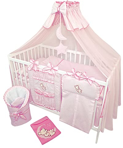 Bello24 - 16 Teiliges Babybett Kinderbett und Bettwäsche komplett Set Timmi inkl. Matratze höhenverstellbar für Neugeborene Babys und Kleinkinder aus Massivholz (Teddybär Mond Rosa)