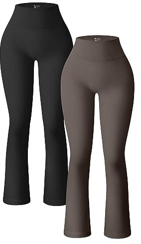 OQQ 2-teilige Yoga Hose für Damen Gerippt Nahtlos Workout Hohe Taille Glockenhose Ausgestellte Leggings Schwarz Teeblätter