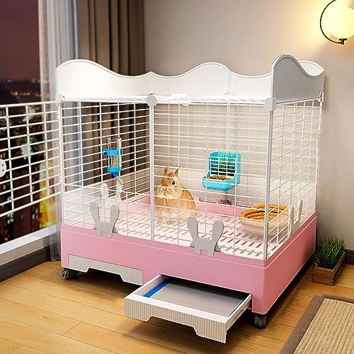 XIAOZHUANGXIONG Parc Lapin Interieur avec Toit, avec Déflecteur et Clôture Surélevés, Facile À Nettoyer et À Installer, Grande Capacité, Disponible en Jaune et Rose (Color : Pink)