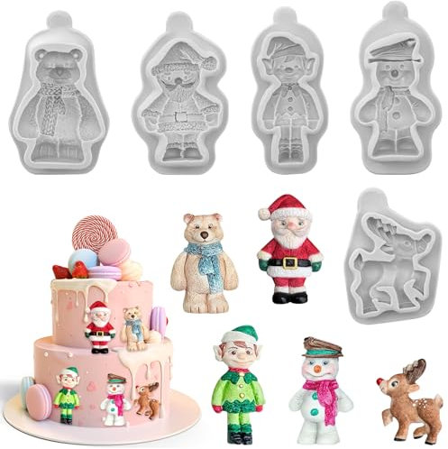 5 Pcs Christmas Silicone Fondant Molds Santa Claus Elk Snowman Bear Elf Chocolate Mould Decorating Candy Sugar Jello Mold for Party Pudding Soap Jelly Cake Cupcake Topper Decoration