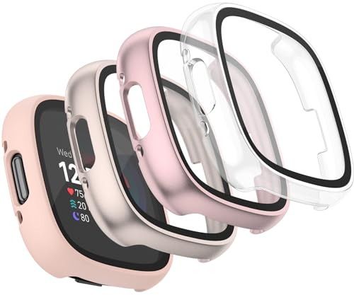 Vancle für Fitbit Versa 4 Hülle,4Stück Vollständige Abdeckung Schutzfolie Hard PC Schutz Displayschutz Folie Gehäuse für Fitbit Sense 2(Rosa/Starlight/Transparent/Roségold)