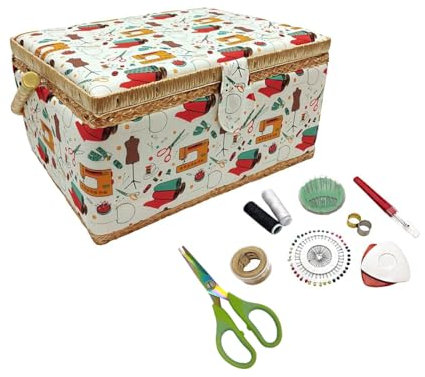 JYC CREATIVE Kleines Nähkästchen aus Holz mit Zubehör, mit Stoff ausgekleidete Nähbox mit 8 Fächern, Organizer mit Nadelhalter, Box mit Griff, Zubehörablage (klein, Maschine)