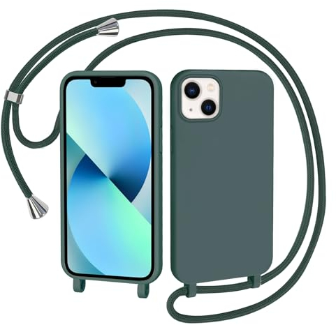 AOMYKE Coque pour iPhone 13 / iPhone 14 avec Cordon, Collier Étui Silicone Liquide avec Tour de Cou Lanière en Corde Souple TPU Antichoc Housse - Vert foncé