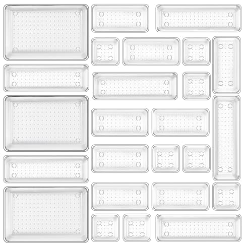 ZOUFRIDN 25 Pack Desk Drawer Organizer Trays, Kitchen Drawer Organisers Set, Make-up Organiser, Clear Plastic Storage Bins for Makeup, Bedroom, Kitchen Gadgets Utensils and Office