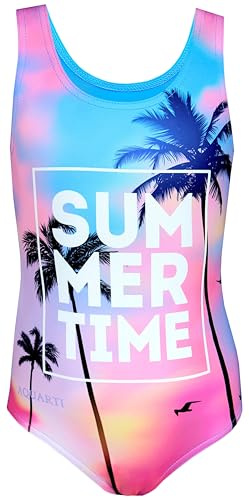 Aquarti Badeanzug Mädchen – Sportlicher Mädchen Badeanzug mit Ringerrücken Print, Farbe: Summer/Time/Blau/Pink/Lila, Größe: 134
