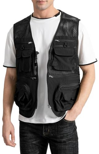 Vanchenl Herren Outdoor Arbeit Mesh Angeln Weste Utility Multi Pocket Schießen Safari Reise Fotografie Waistcoatt Schwarz M