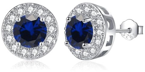 EPIRORA Silver Stud Earrings for Women Girls, Sterling Silver Round Halo Dark Blue Cubic Zirconia Studs, Dainty Bridal Diamond Stud Earrings Jewellery Set for Wedding Anniversary