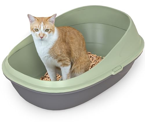 Pop-up Comfort Cat Litter Tray with Double Basin & Crate, Scoopless Cleaning, High Sided walls with Detachable Raised Rims, Anti-Spillage & Mess-Free Cat Toilet (Linden Green, 59x39x27)