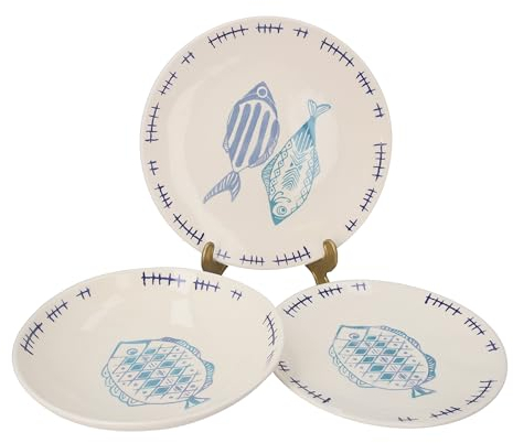 Keyhomestore-Servizio di 18 piatti in Ceramica con Decorazioni Pesci e Rombo, sfondo Bianco decori Azzurro e Blu, ideali come servizio di piatti da tavola.