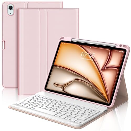 Keyboard Case for iPad Air 11 inch (M3 2025, M2 2024), UK Layout Wireless Detachable Bluetooth Keyboard with Protective Cover and Pencil Holder for iPad Air 10.9 inch (5th Gen, 4th Gen), Pink
