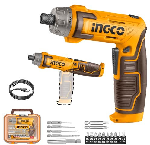INGCO 8,0V Visseuse Sans Fil 6Nm Visseuse Devisseuse Tournevis Electrique 220 tr/min Avec 17 Accessoires, Lampe LED, Câble USB et Boîte de Rangement, Pour la Réparation et le Bricolage CSDLI08025