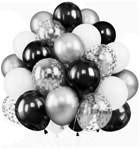 YOUYIKE 60 Stück Schwarz Weiß Silber Luftballons, 12 Zoll Latex Luftballons, Metallic Helium Ballons, für Kinder und Erwachsene Geburtstag, Party, Graduierung, Ostern Weihnachten Party Deko