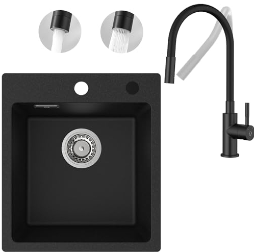 CECIPA Granitspüle mit Flexibler Mischbatterie, Küchenarmatur mit 2 Wasserstrahlarten,Küchenspüle aus Granit 40x45cm, Spülbecken Schwarz, Einbauspüle Rechteckig