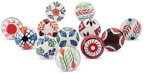 Ajuny Vintage Juego de 12 Pomos de Puerta de Cerámica Multicolor para Cómoda Cajón Armario Sólido Pomo Impreso Hecho a Mano Cocina Moderna Dormitorio y Baño