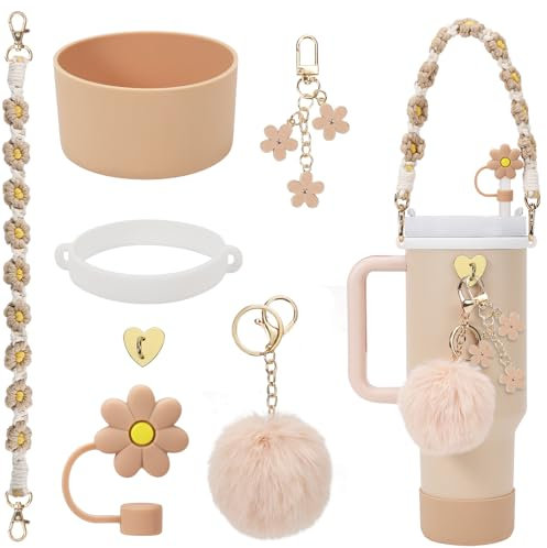 Stanley Cup Accessories Set Including Water Bottle Handle Strap, Siliocne Stanley Cup Boot, Siliocne Straw Cover, Stanley Charms for 40oz & 30oz Tumbler (Almond Rose)