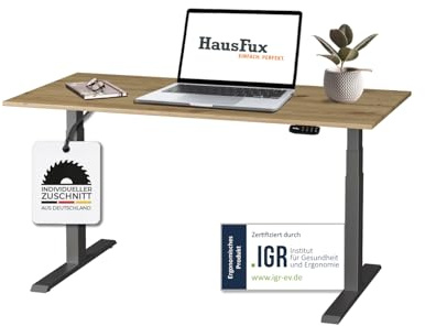 Hausfux Höhenverstellbarer Schreibtisch auf Maß - inkl. 2,5 cm starker, maßgefertigter Tischplatte - 2- oder 3-stufiges Gestell, OLED-Touchpanel (Artisan Eiche & Schwarz, 3-stufig, 130 x 70 cm)