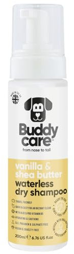 Buddycare Waterless Dry Shampoo for Dogs (200ml) | Vanilla & Shea Butter No Rinse Dog Shampoo Sensitive Skin | Natural, Easy-to-Use for Fresh, Clean Fur - Ideal for All Breeds and Sizes
