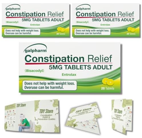 Constipation Relief 5mg Tablets Adult - 3 Pack of 20 Tablets (60) TDY Bundle Including Constipation Relielf & Prevention Guides + Stool Chart & Recording
