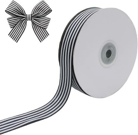 Nastro in poliestere a righe bianche e nere, larghezza 2,5 cm, 22 m, nastro gros grain, per confezioni regalo, feste, matrimoni, Natale, compleanni, decorazioni