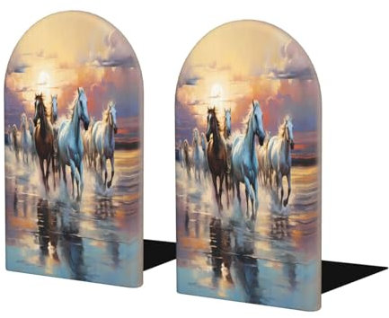 Mexpekil Lot de 2 serre-livres décoratifs en bois pour livres lourds Motif cheval coureur coucher de soleil