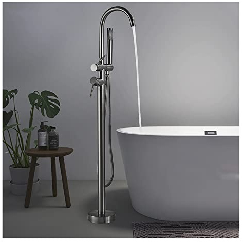 Modern Bath Mixer Tap with Shower Waterfall Freestanding Bathtub Tap Floor Standing Faucet with Hand Shower with 360° Rotating Nozzle Hot and Cold Water Tub Tap Brass Bathroom Shower Set Gun Grey