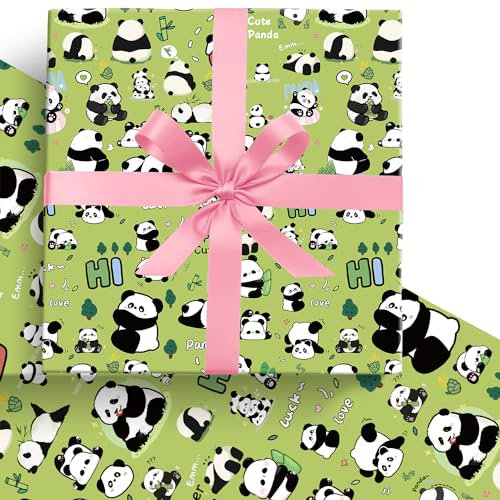 UBBY 5 Stück Panda Geschenkpapier 51 x 75 cm Kraftpapier langlebig Panda Geschenkpapierbögen für Kinder, Weihnachten, Geburtstag, Party, festliche Dekoration