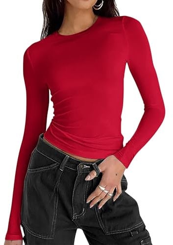 Zeagoo Women's Long Sleeve T-Shirt Y2K Slim Fit Crop Tops Basic Tight Shirt Casual Crew Neck Tee Streetwear Solid Color Red S