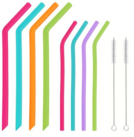 SYEYCW 8 Pcs Reusable Silicone Straws, Colourful Bend Drinking Straws with 2 Cleaning Brushes, Replacement Flexible Drinking Straw, for Smoothie, Milkshake, Cocktail, Juice, 5Color, 2 Size