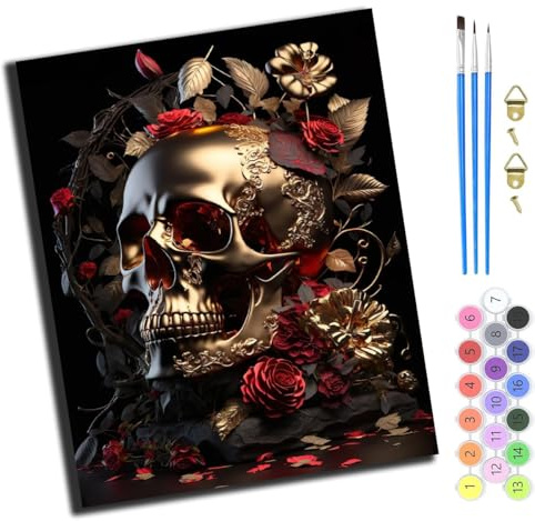 XIAOYOUQIAN Goldener Totenkopf Und Rosen,Malen Nach Zahlen Erwachsene,Diy Handgemalt Ölgemälde Kit,Paint By Numbers Adult Mit 3,Pinseln Und Acrylfarbe Leinwand Kit,40X50 Cm,Ohne Rahmen