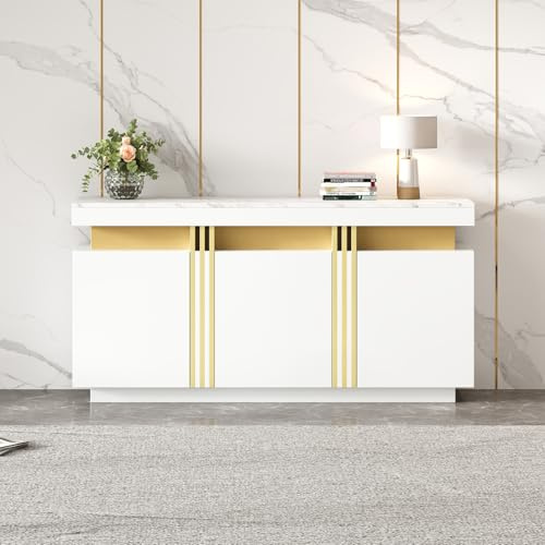 Sideboard mit 3 Türen, Küchenschrank mit Verstellbare Einlegeböden, Griffloses Design, Modernes Esszimmerschrank mit Stauraum, für Wohnzimmer, Esszimmer, Flur, 140x38x70cm, Weiß (Weiß + Platin)