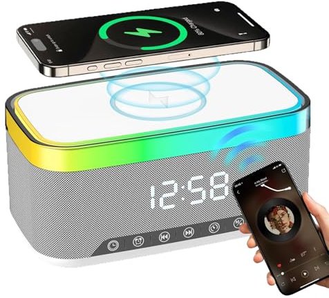 SUNOYA Digitaler Radiowecker mit Kabelloser Ladestation, Bluetooth-Audio-Wecker, Digitaler Wecker, Wecker Digital, Digitalwecker mit Licht, Kabelloses Ladegerät für Schlafzimmer und Nachttisch