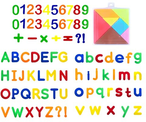 DUINIU 52 Imanes De Nevera para Letras Infantiles, 1 Bolsa con Símbolos Numéricos Y 1 Caja con Tangram Magnético, Pegatinas Magnéticas para Letras Inglesas, Platos Pequeños.