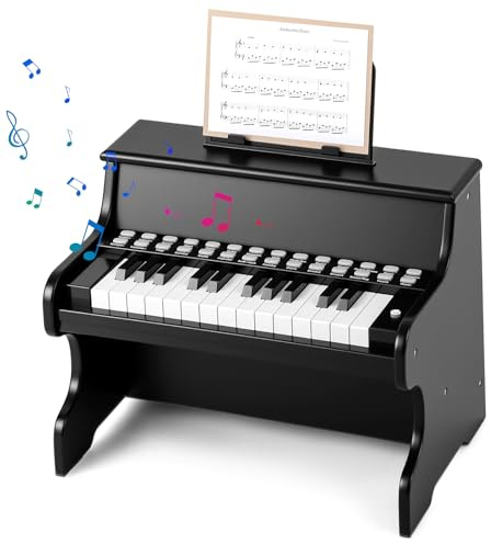 KOMFOTTEU Pianoforte digitale a 25 tasti per bambini, pianoforte in legno con leggio, tasti illuminati, modalità didattica, 6 strumenti, 8 percussioni, tastiera per pianoforte con registrazione e