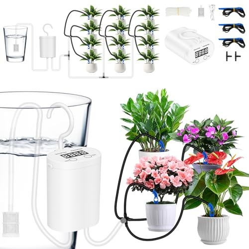 Flintronic Riego Automatico Macetas, para 12 Plantas en Maceta | Soporte Modo De Riego Por Goteo, Pantalla LED, Riego Automático, Recargable USB, para Interiores, Jardines y Balcones