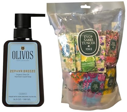OLIVOS Bio-Olivenöl Flüssigseife Hammam 500 ml & EYÜP SABRI TUNCER Erfrischungstücher Mixed Pack 100 Stück 5x10 cm