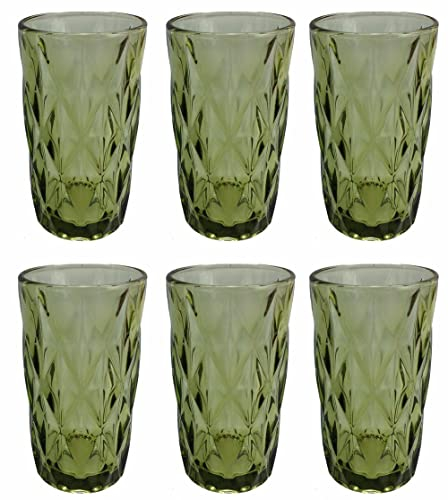 Vintage 6er-Set Farbige Weingläser und Trinkgläser mit Diamant Muster (Rombus) Longdrinkgläser, Cocktail Gläser mit Prägung, Glas, Trinkglas, Weinglas, Wasserglas, Glaskelche (Grün Trinkglas)
