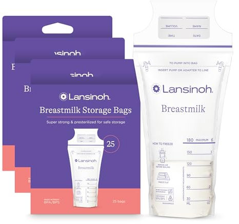 Lansinoh Breastmilk Storage Bags, 75 Count, Baby Essentials, Fast Freeze & Thaw Breast Milk Bags for Baby Bottle Feeding, Superior Strength & Stretch, 6 Ounce