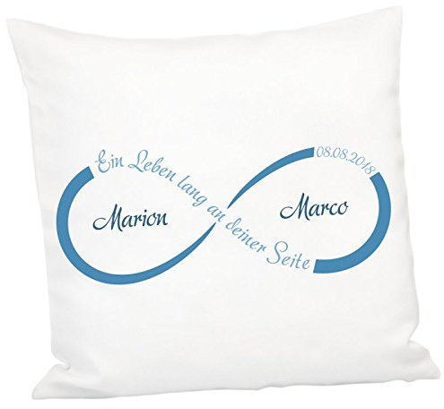 Geschenke 24: Kissen - Unendlichkeit mit Personalisierung (Blau) - personalisiertes Kuschelkissen - Romantisches Zierkissen mit Namen und Datum