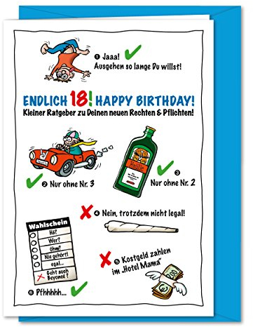 bernsteinfee-CARDS Lustige und freche XL Geburtstagskarte zum 18. Geburtstag, zur Volljährigkeit, Karte zum 18., zum Erwachsen werden - inklusive Umschlag (DIN A5)