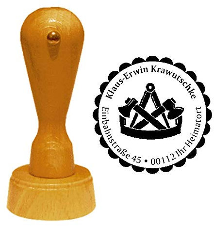 Stempel Adressstempel « ZIMMERMANN » Durchmesser ca. Ø 40 mm - mit persönlicher Adresse, Motiv und Zierrand - Beruf Zimmerer Zunft Zunftzeichen