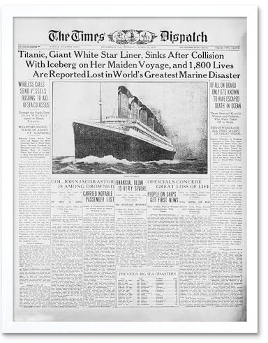 Newspaper Front Sheet Page Titanic Disaster 1912 Times Despatch Art Print Framed Poster Wall Decor 12x16 inch