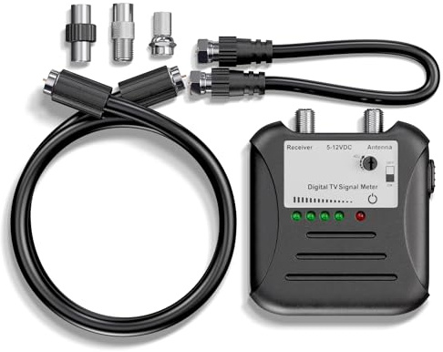 THE CIMPLE CO Signal Strength Meter, LED Indicators, for RV's and Over-The-Air Antennas, Sensitivity Adjuster, TV Antenna Finder, with Coax, Black